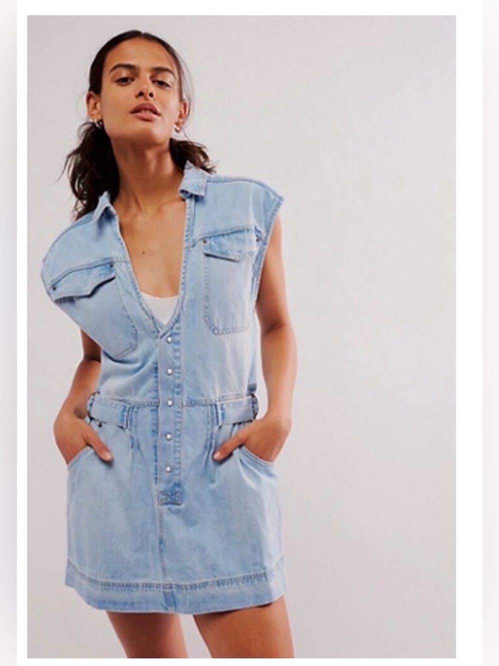 $168 FREE PEOPLE NWT S Rowley Belted Denim Mini Dress Sunbleached Blue - Picture 4 of 8